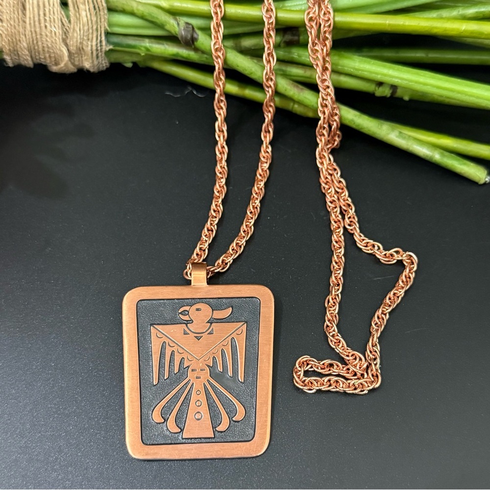 Vintage Navajo Thunderbird Solid Copper Pendant 30” Rope Chain Necklace 38g.